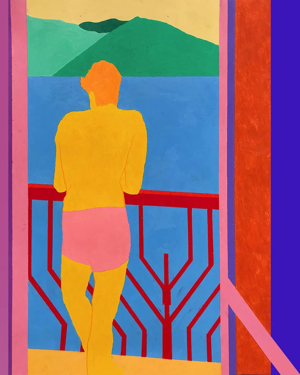 Navot Miller, Boy on Balcony, 2019, Water-soluble wax pastel on paper
