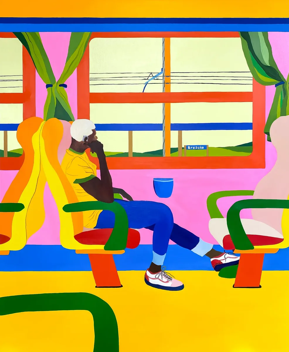 Navot Miller, Boy on train, 2022, Oil on canvas
