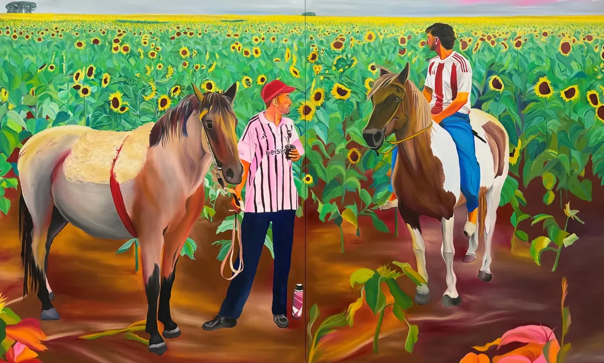 Navot Miller, Santi & Pedro in the Sunflower Field, 2026, Oil on linen, diptych