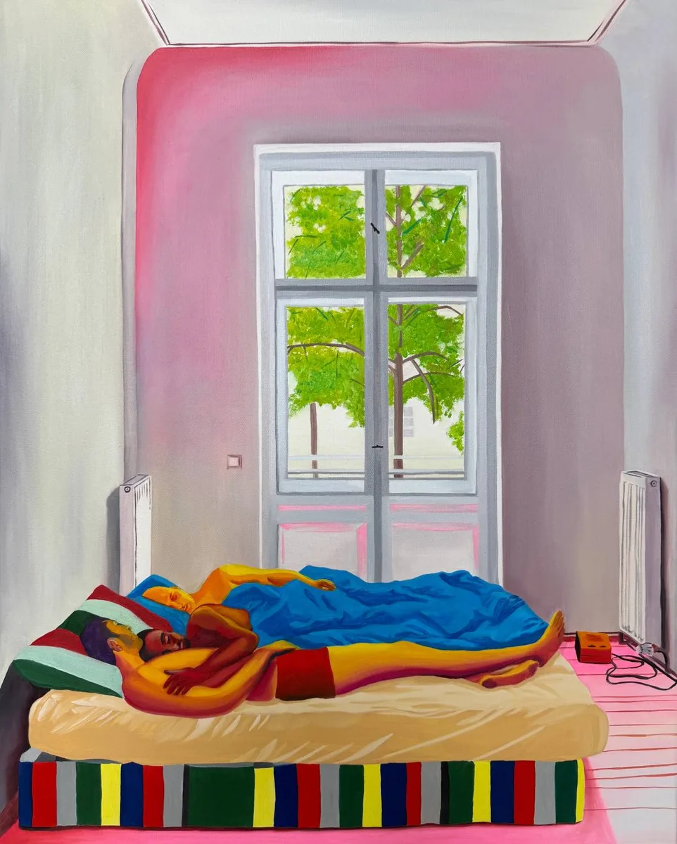 Navot Miller, Jake, Ran & Lou in the apartment in Tempelhof, 2026, Oil on canvas
