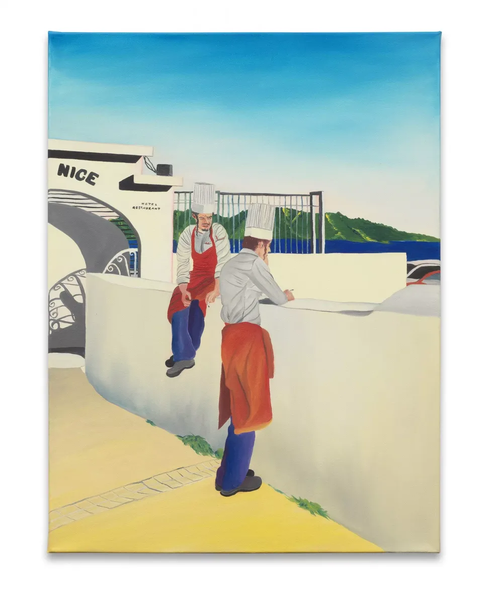 Navot Miller, Two chefs on a cigarette break in Marseille, 2025, Oil on canvas