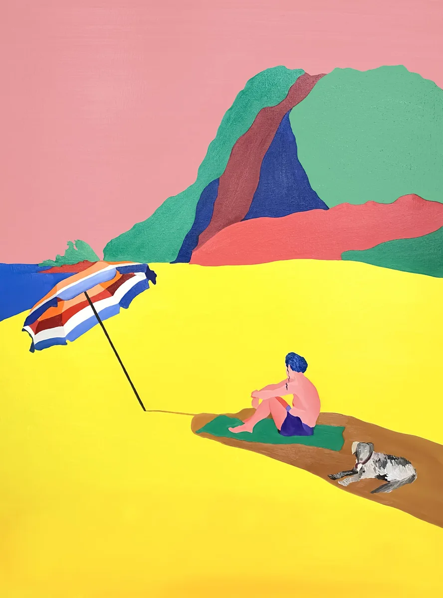 Navot Miller, Man and Dog on a Blanket in Mazunte, 2022, Oil on canvas