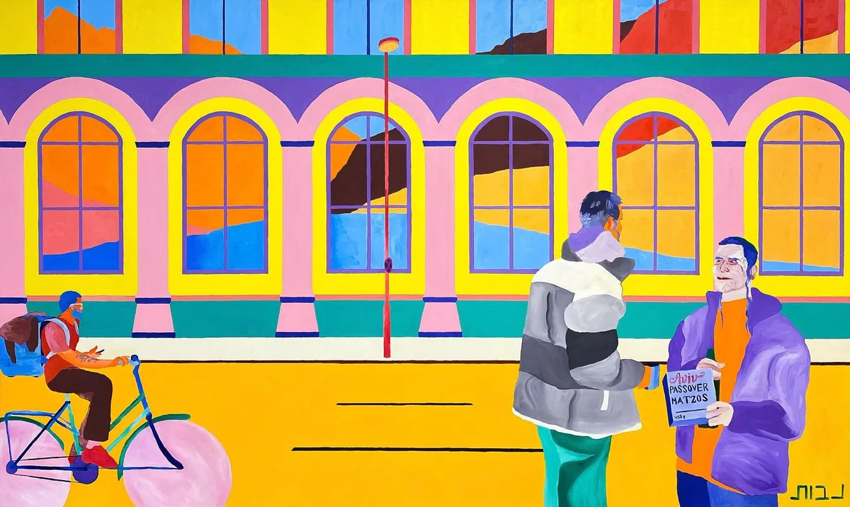 Navot Miller, Christian and Venco and the former post office on Tucholskystrasse, 2021, Oil on canvas