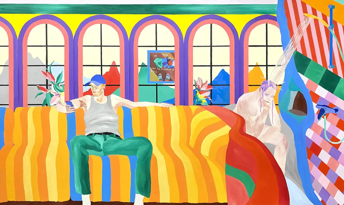 Navot Miller, Hannes the straight top on the couch & Robert in the shower, 2021, Oil on canvas