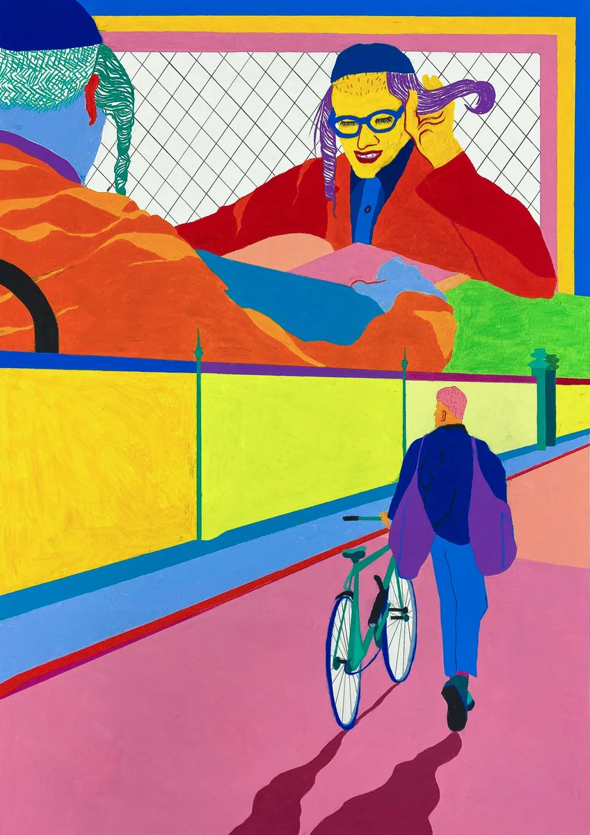 Navot Miller, Nikos with Bike on Sophienstrasse & Kids Reading Books, 2020, Water-soluble wax pastel on paper